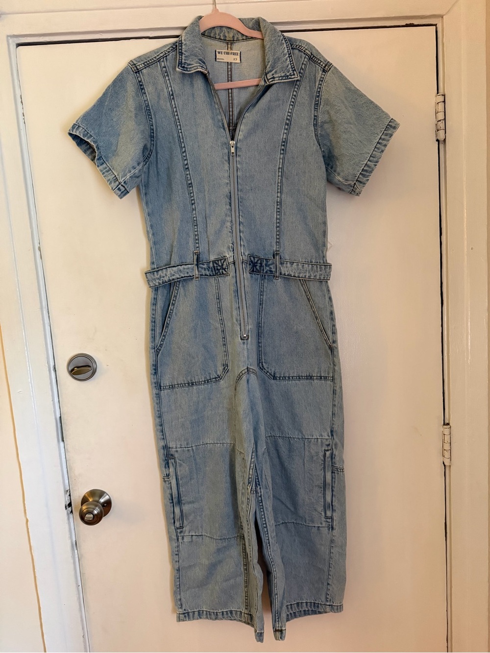 Free People Light Blue Denim Short-Sleeve Jumpsuit